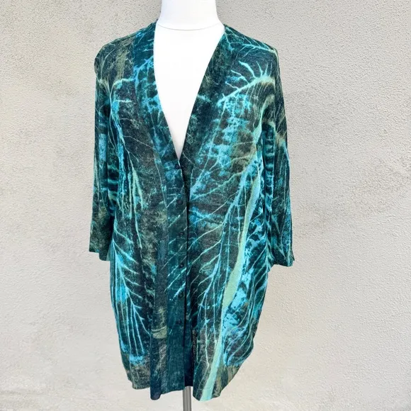 NIC   ZOE long cardigan sweater button down colorful knit blue green abstract 2X