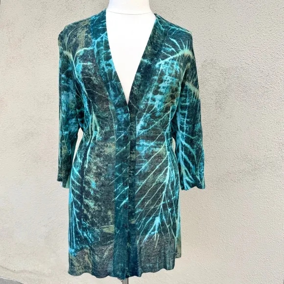 NIC   ZOE long cardigan sweater button down colorful knit blue green abstract 2X