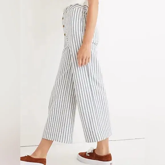 NWT Madewell Emmett Wide Leg Crop pant Jean white Blue Striped button front