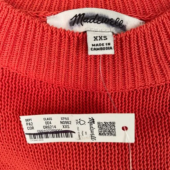 NWT Madewell Loose-Knit Crewneck Sweater XXS Coastal Orange Sheer Cropped Light