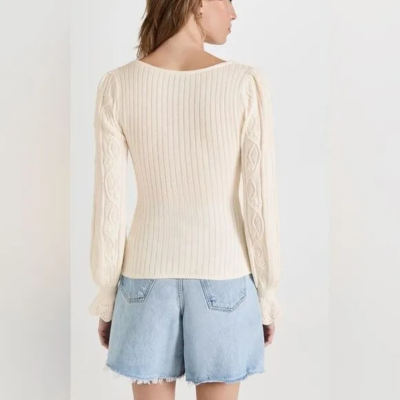 NWT PAIGE Europa Ribbed Knit Cotton-Silk Puff Sleeve Ruffle Sweater in Ivory M