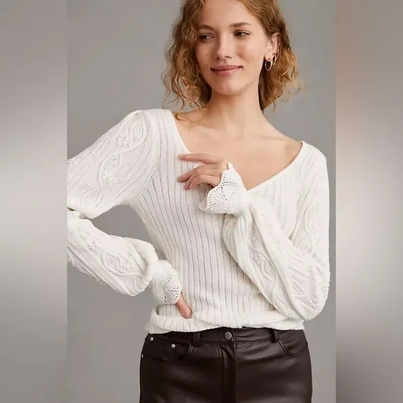 NWT PAIGE Europa Ribbed Knit Cotton-Silk Puff Sleeve Ruffle Sweater in Ivory M
