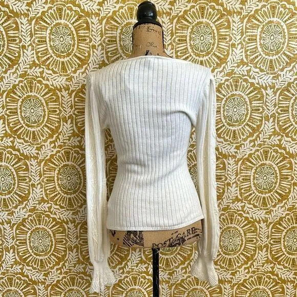 NWT PAIGE Europa Ribbed Knit Cotton-Silk Puff Sleeve Ruffle Sweater in Ivory M
