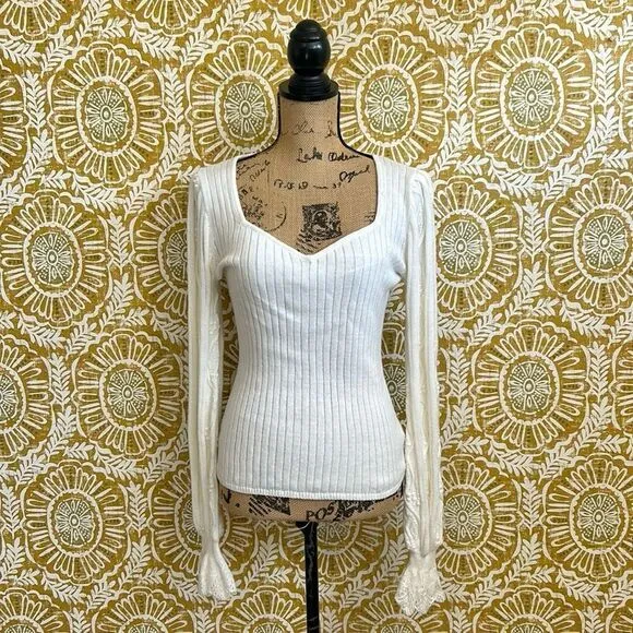 NWT PAIGE Europa Ribbed Knit Cotton-Silk Puff Sleeve Ruffle Sweater in Ivory M