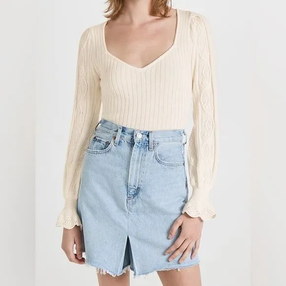 NWT PAIGE Europa Ribbed Knit Cotton-Silk Puff Sleeve Ruffle Sweater in Ivory M