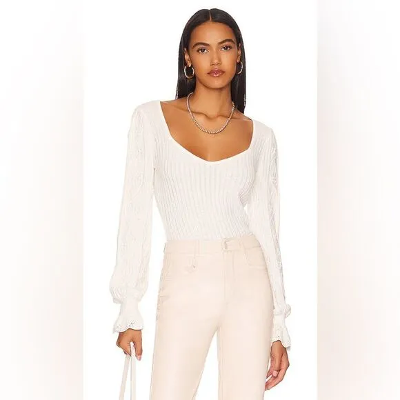 NWT PAIGE Europa Ribbed Knit Cotton-Silk Puff Sleeve Ruffle Sweater in Ivory M