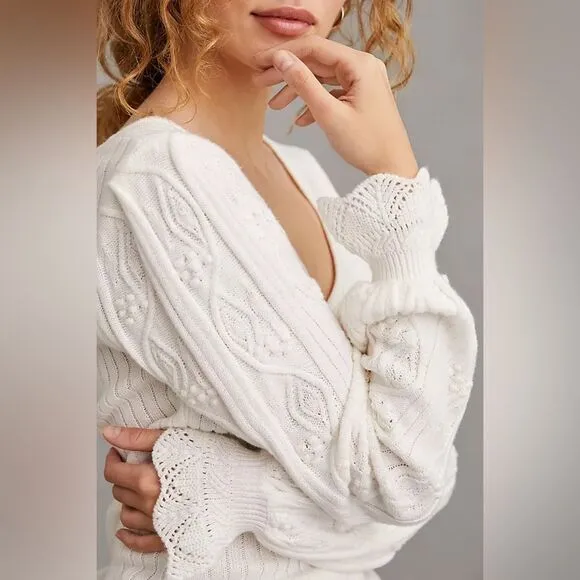 NWT PAIGE Europa Ribbed Knit Cotton-Silk Puff Sleeve Ruffle Sweater in Ivory M