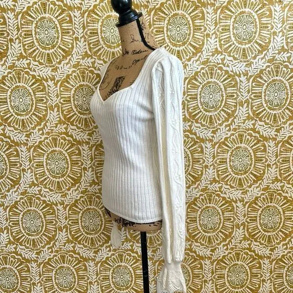 NWT PAIGE Europa Ribbed Knit Cotton-Silk Puff Sleeve Ruffle Sweater in Ivory M