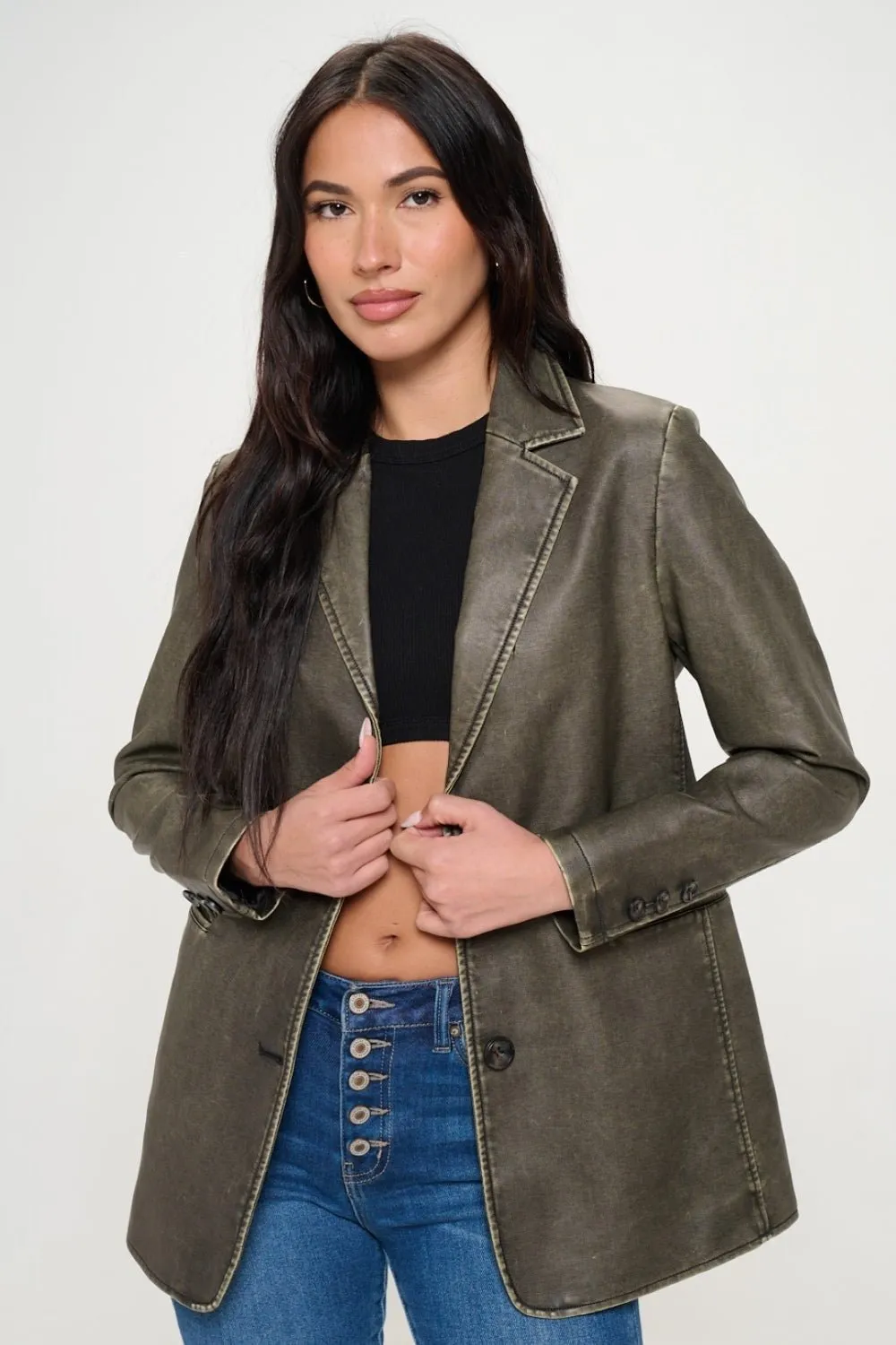 Olive Vegan Leather Blazer