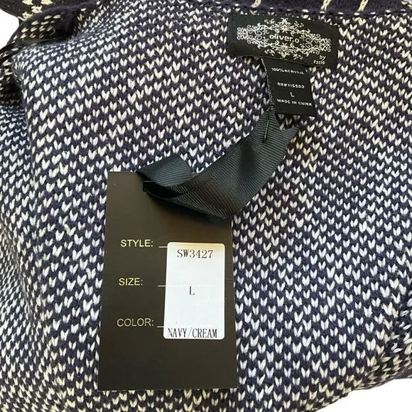 Oliver O Womans Cardigan Size L Navy Blue and Cream Diamond Pattern NWT