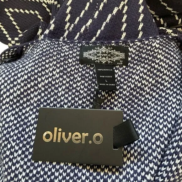 Oliver O Womans Cardigan Size L Navy Blue and Cream Diamond Pattern NWT