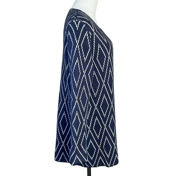 Oliver O Womans Cardigan Size L Navy Blue and Cream Diamond Pattern NWT