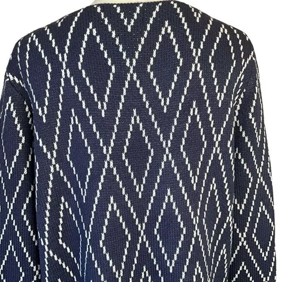 Oliver O Womans Cardigan Size L Navy Blue and Cream Diamond Pattern NWT