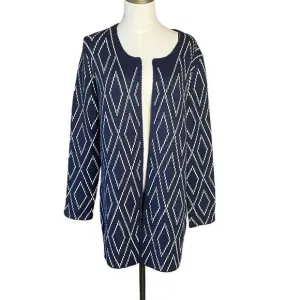 Oliver O Womans Cardigan Size L Navy Blue and Cream Diamond Pattern NWT