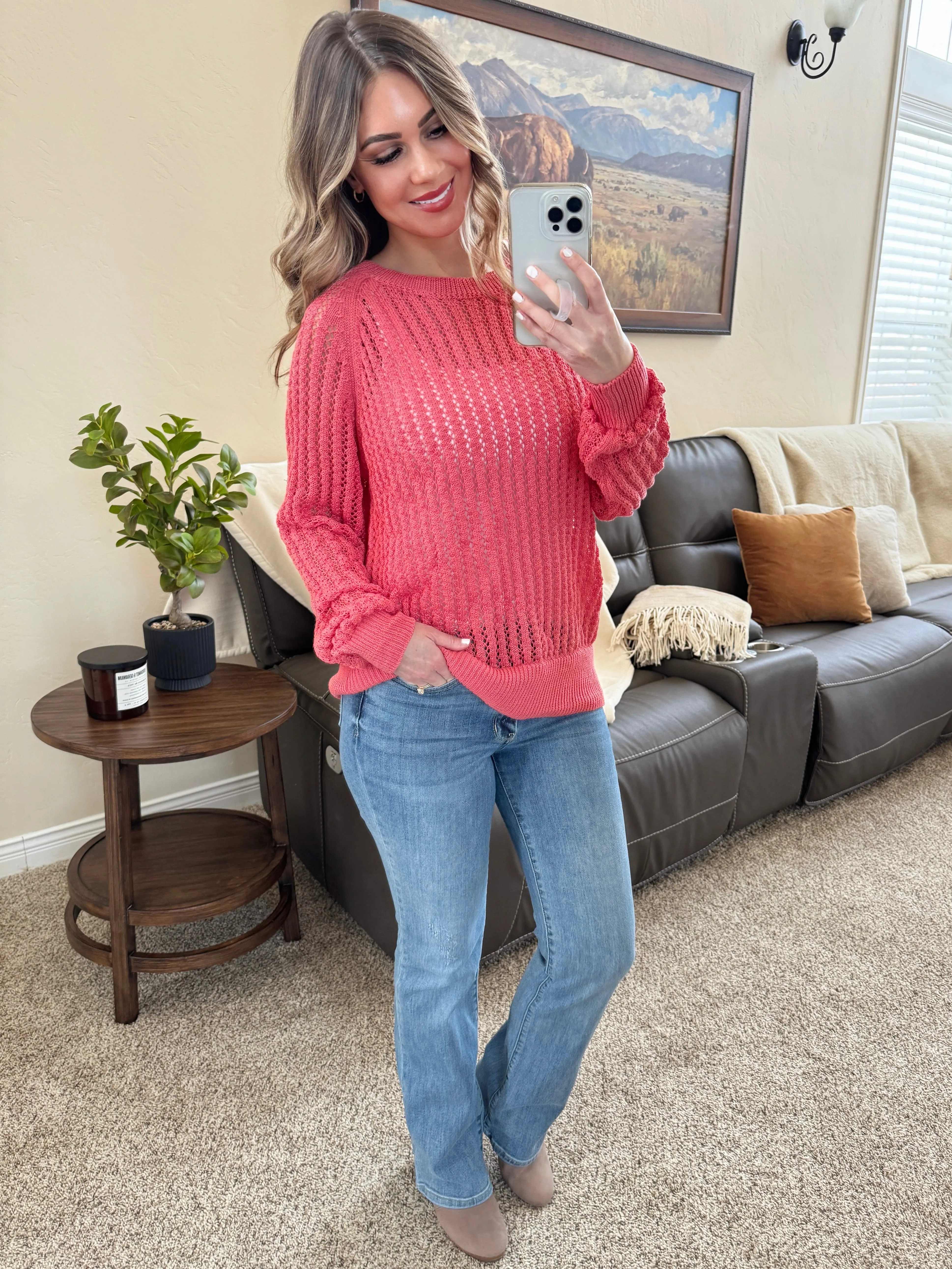 Open Knit Crewneck Sweater in Coral