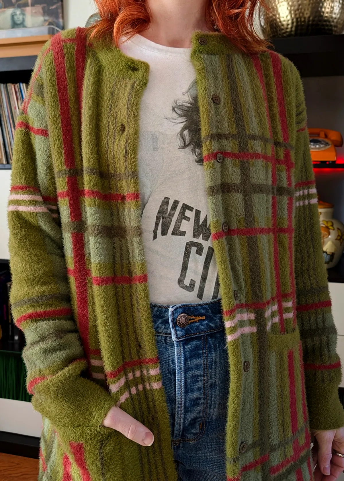 Pennyroyal Fuzzy Check Grandpa Cardigan
