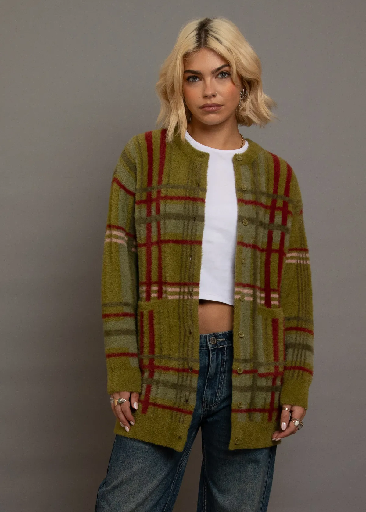 Pennyroyal Fuzzy Check Grandpa Cardigan