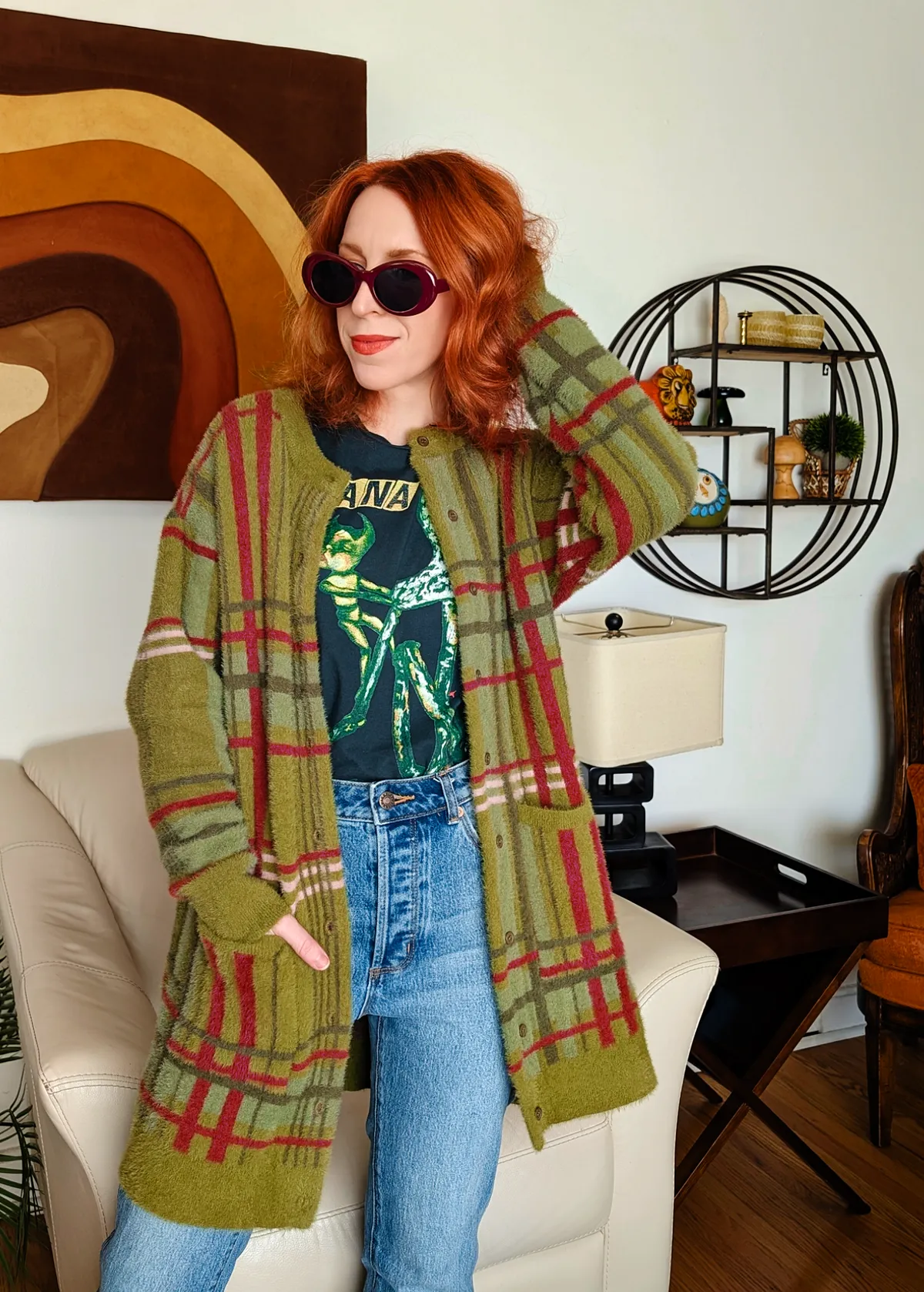 Pennyroyal Fuzzy Check Grandpa Cardigan