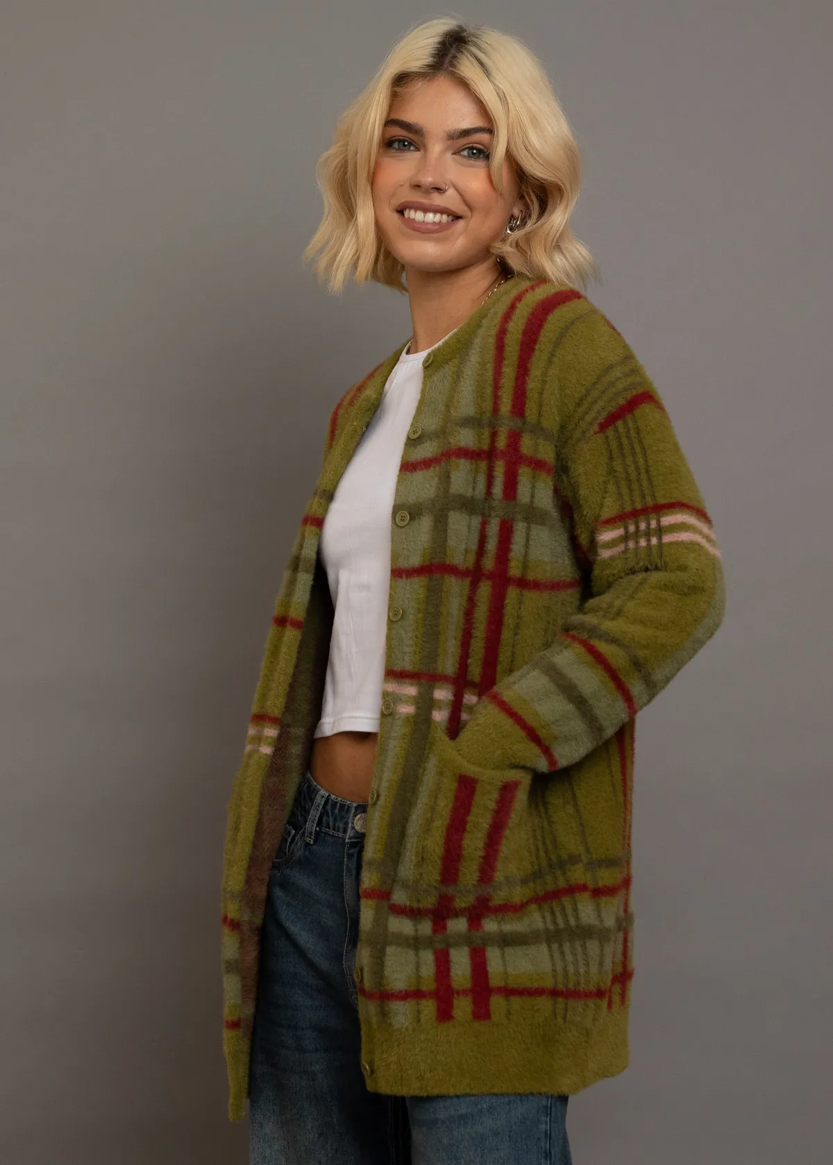 Pennyroyal Fuzzy Check Grandpa Cardigan
