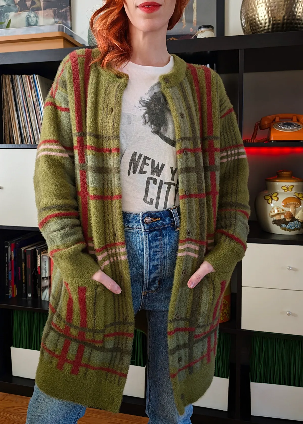 Pennyroyal Fuzzy Check Grandpa Cardigan