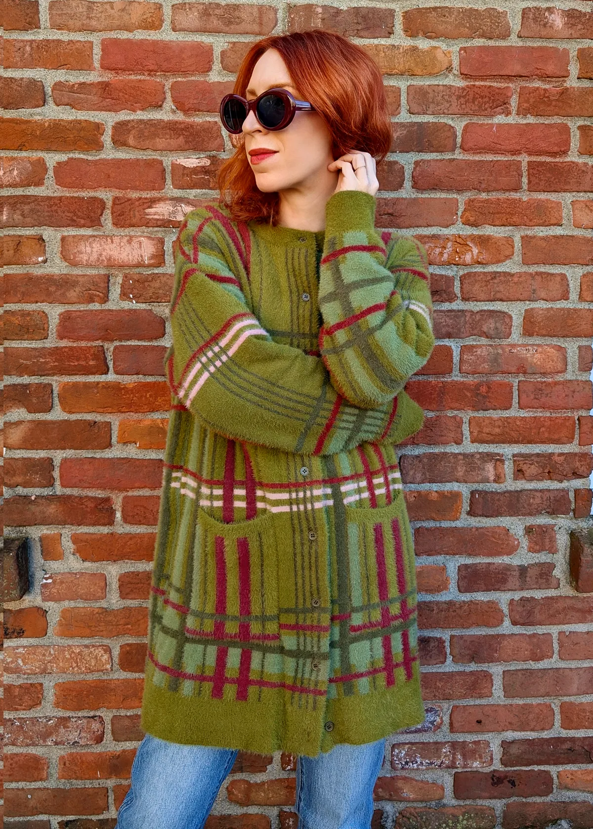 Pennyroyal Fuzzy Check Grandpa Cardigan