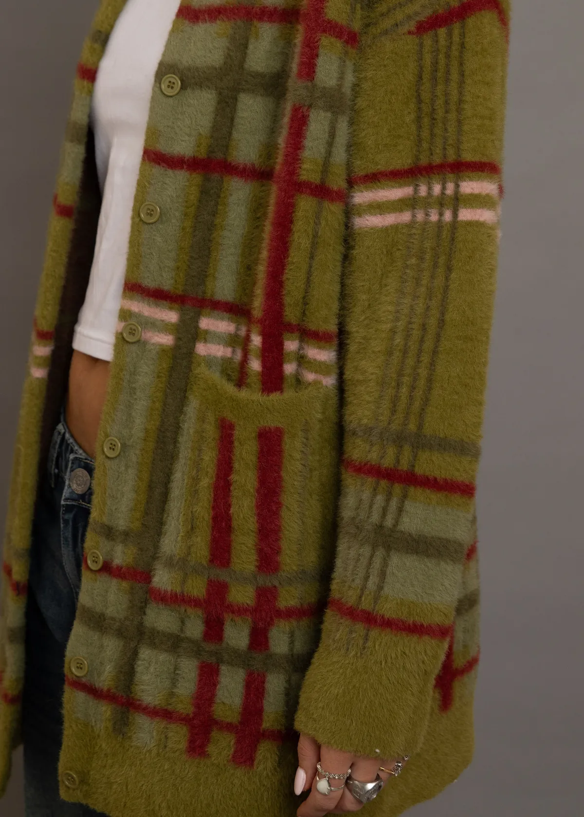 Pennyroyal Fuzzy Check Grandpa Cardigan