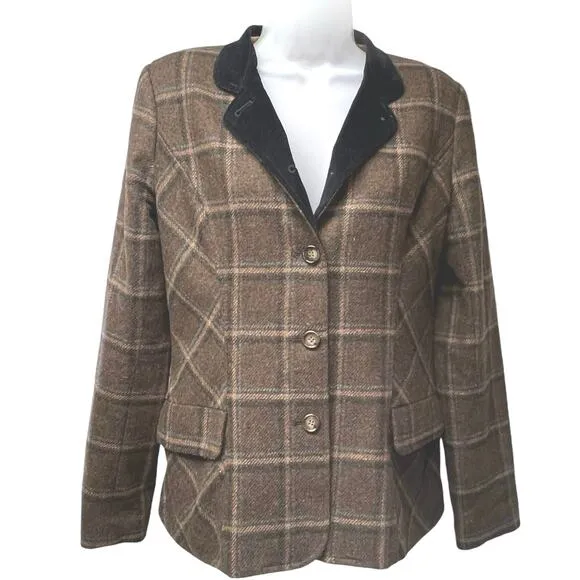 Peruvian Connection Merino Lambswool &amp; Velvet Collar Tweed Blazer Jacket Size 8