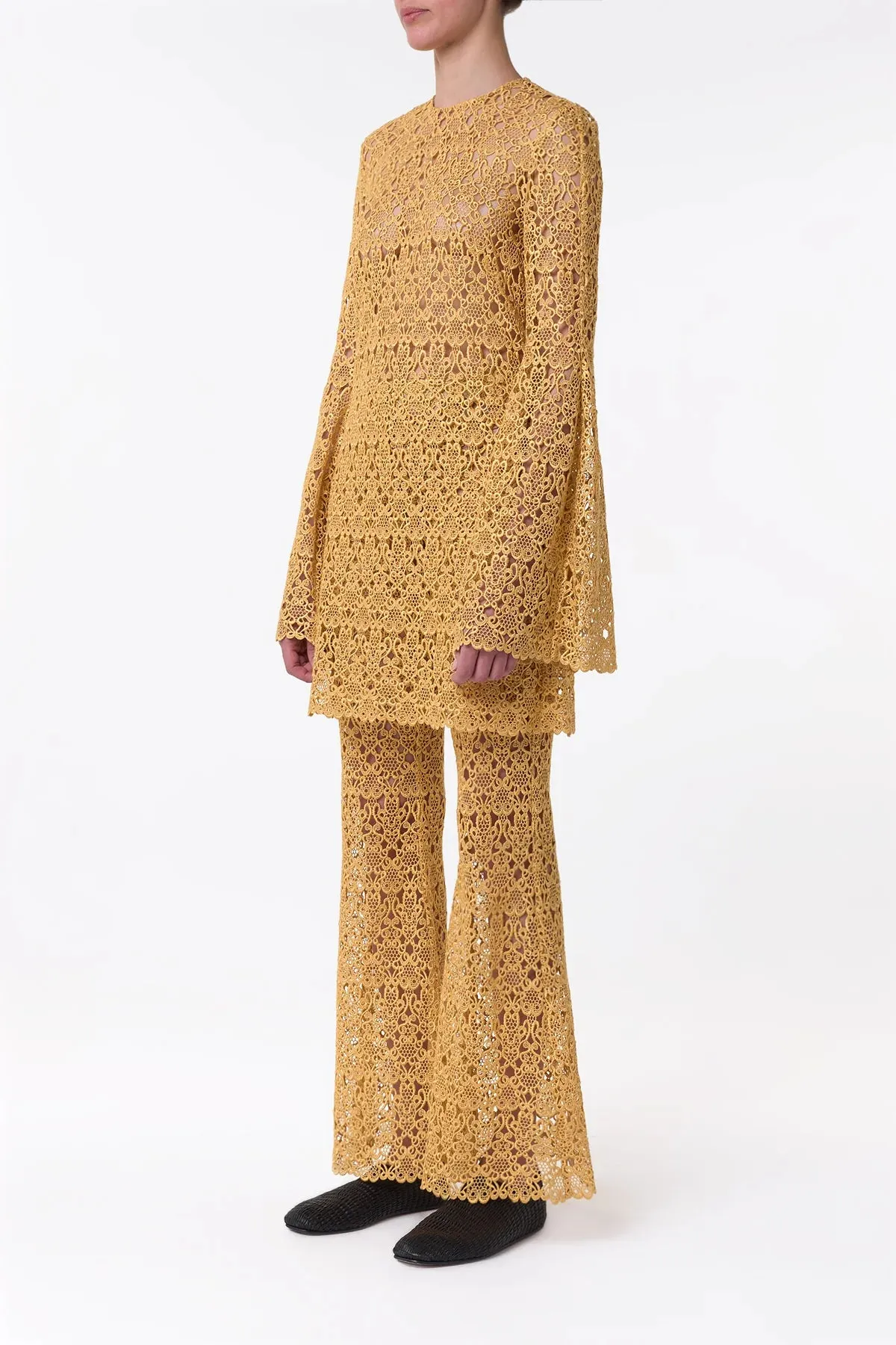 Phoenix Flare Cropped Pant in Gold Silk Macrame Lace