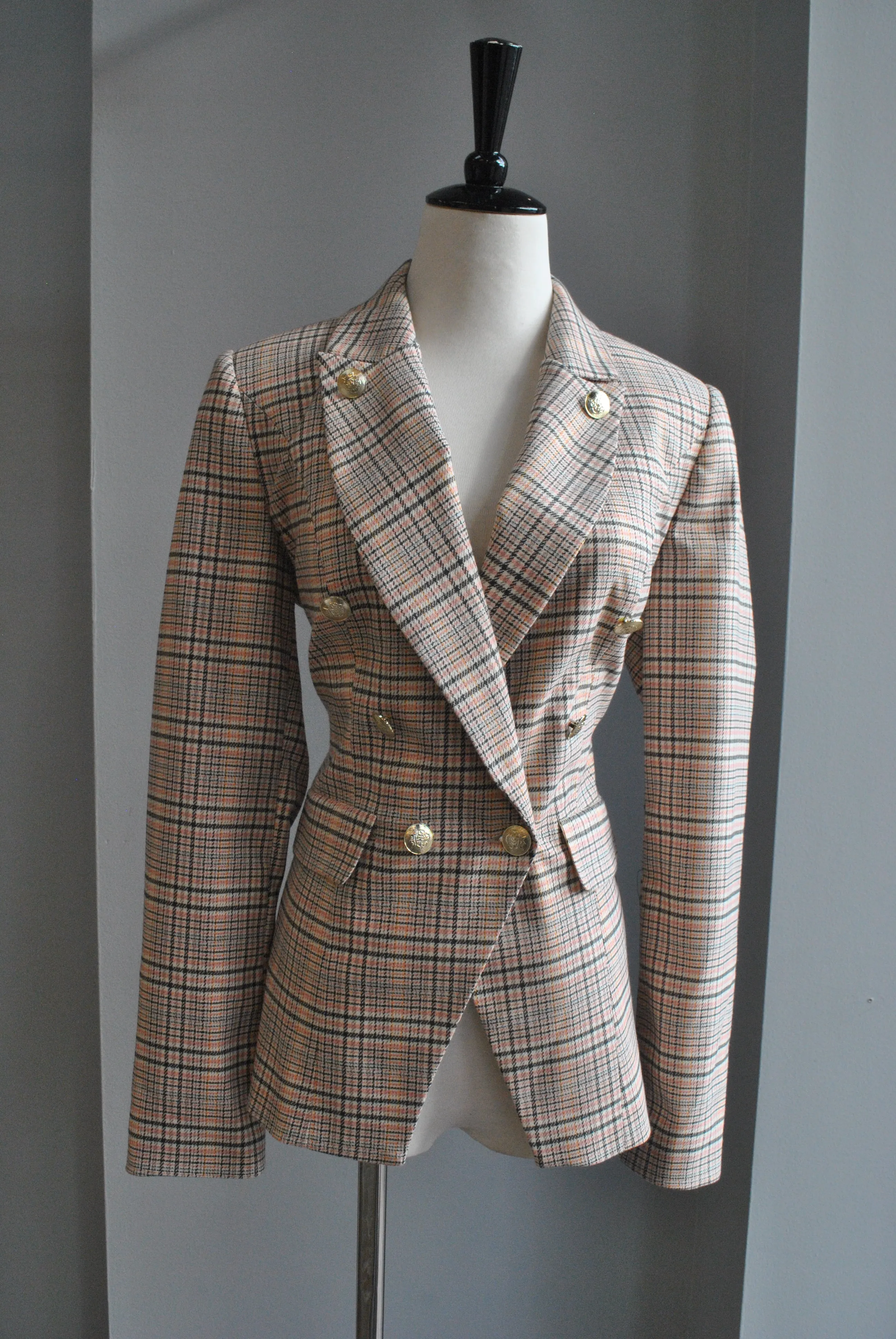 PINK PLAID DOUBLE BREASTED BLAZER