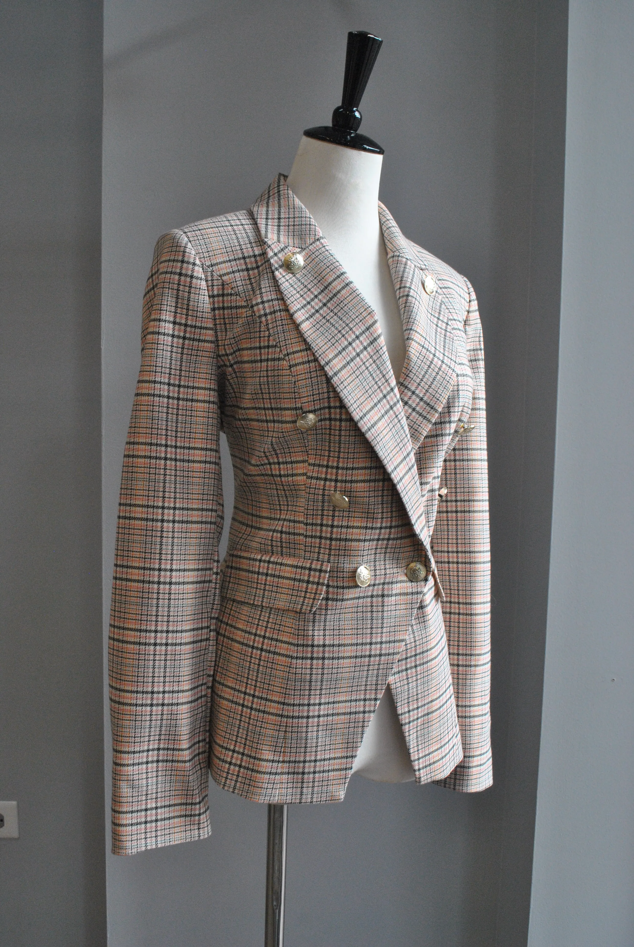 PINK PLAID DOUBLE BREASTED BLAZER