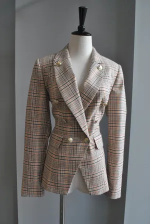 PINK PLAID DOUBLE BREASTED BLAZER