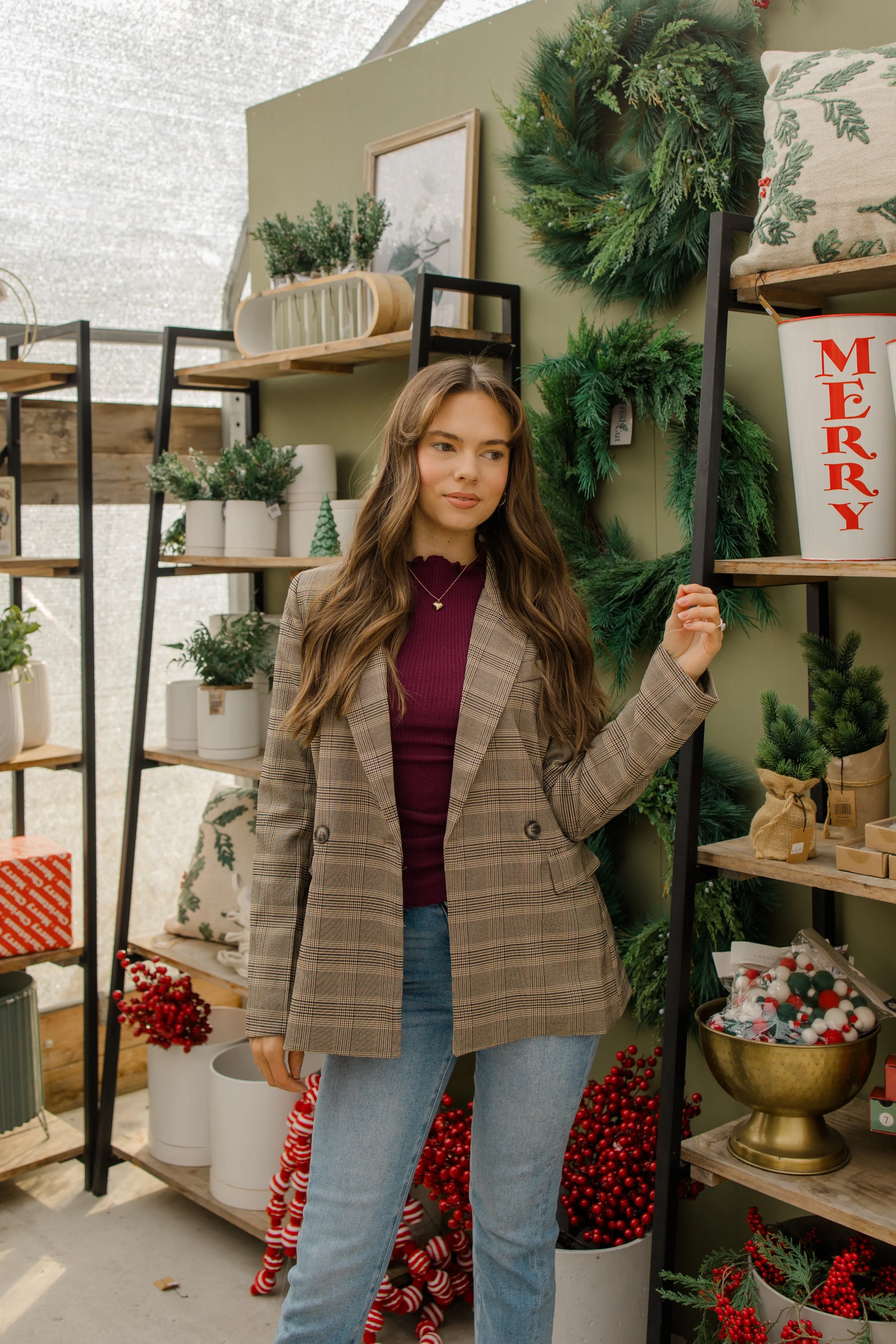 Plaid Collared Long Sleeve Blazer
