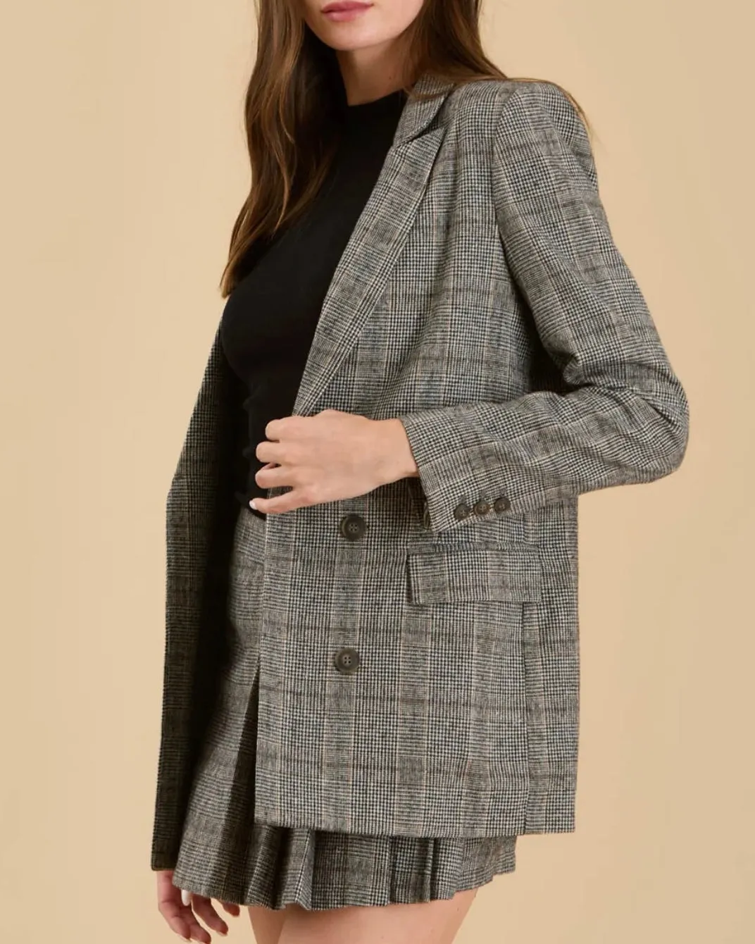 Plaid Long Sleeve Front Button Blazer in Charcoal