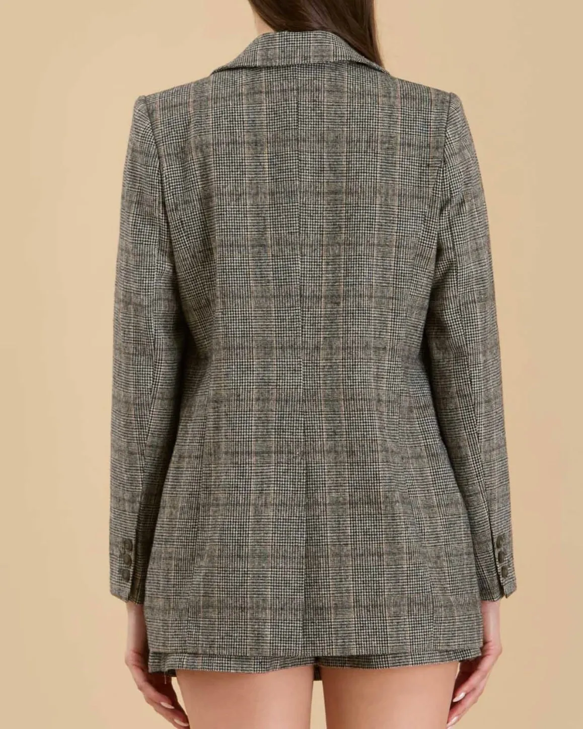 Plaid Long Sleeve Front Button Blazer in Charcoal