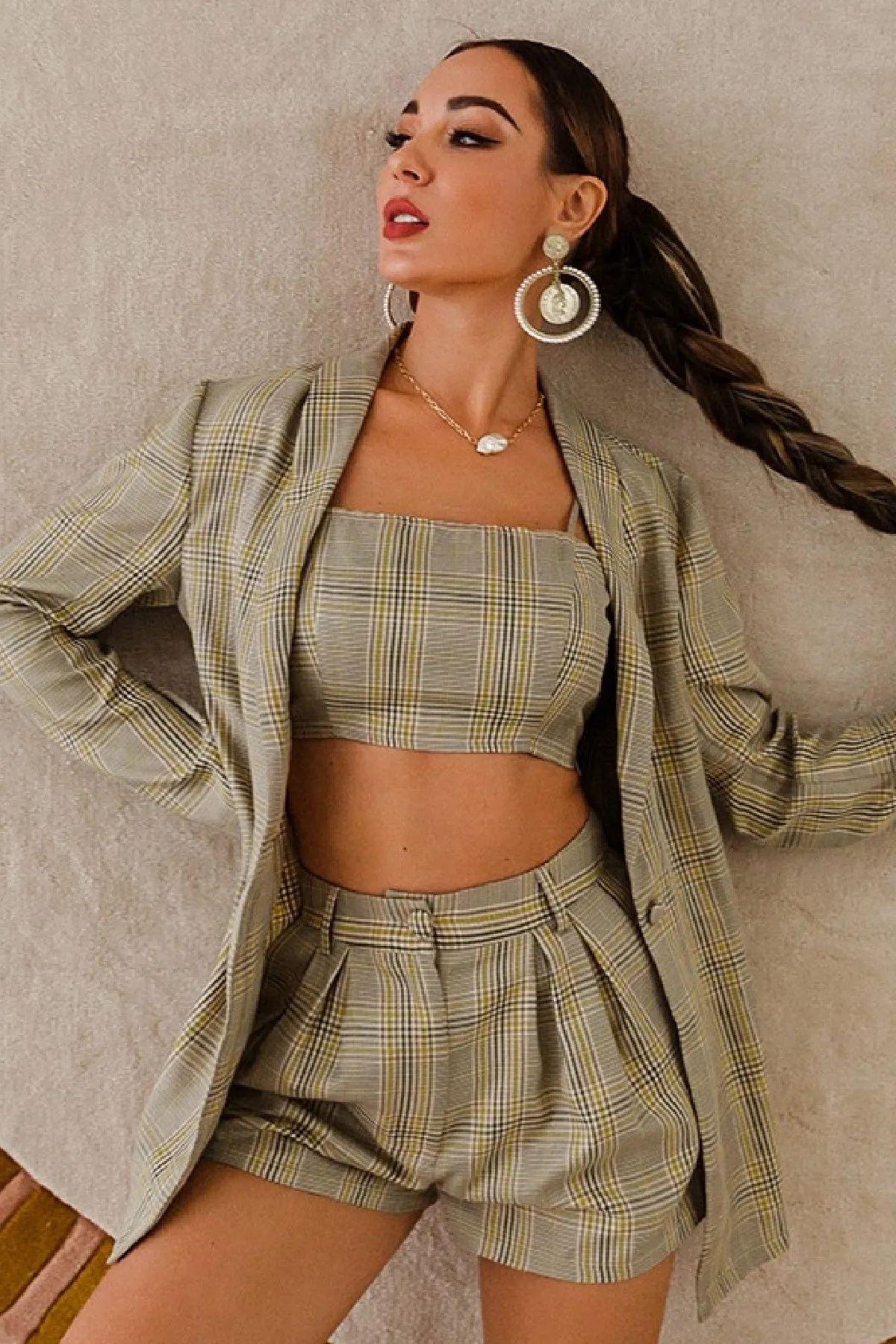 PRE-ORDER We're Mad for Plaid Trendy 3-Piece Shorts, Crop Top and Blazer Set