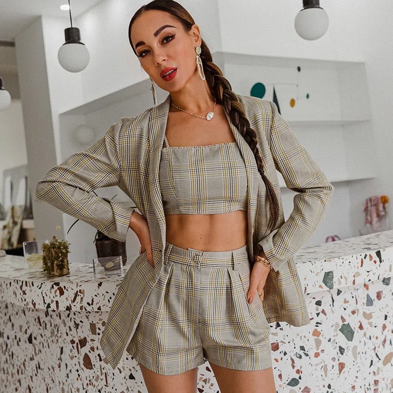PRE-ORDER We're Mad for Plaid Trendy 3-Piece Shorts, Crop Top and Blazer Set