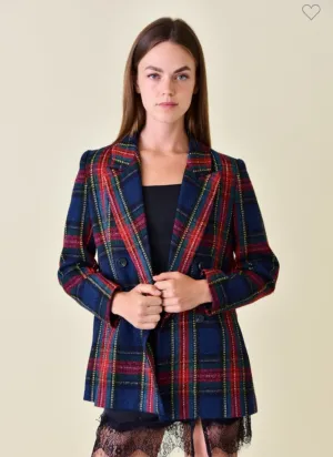 Red & Navy Tweed Plaid Blazer