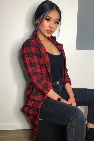 Red Black Check Longline Blazer - Wrenn