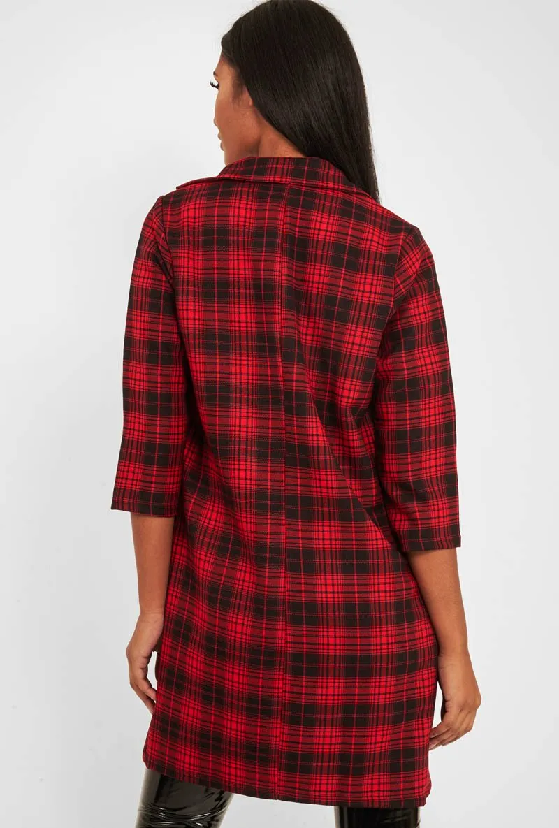 Red Black Check Longline Blazer - Wrenn