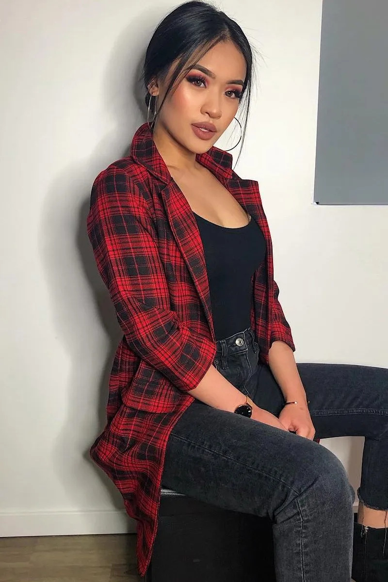 Red Black Check Longline Blazer - Wrenn