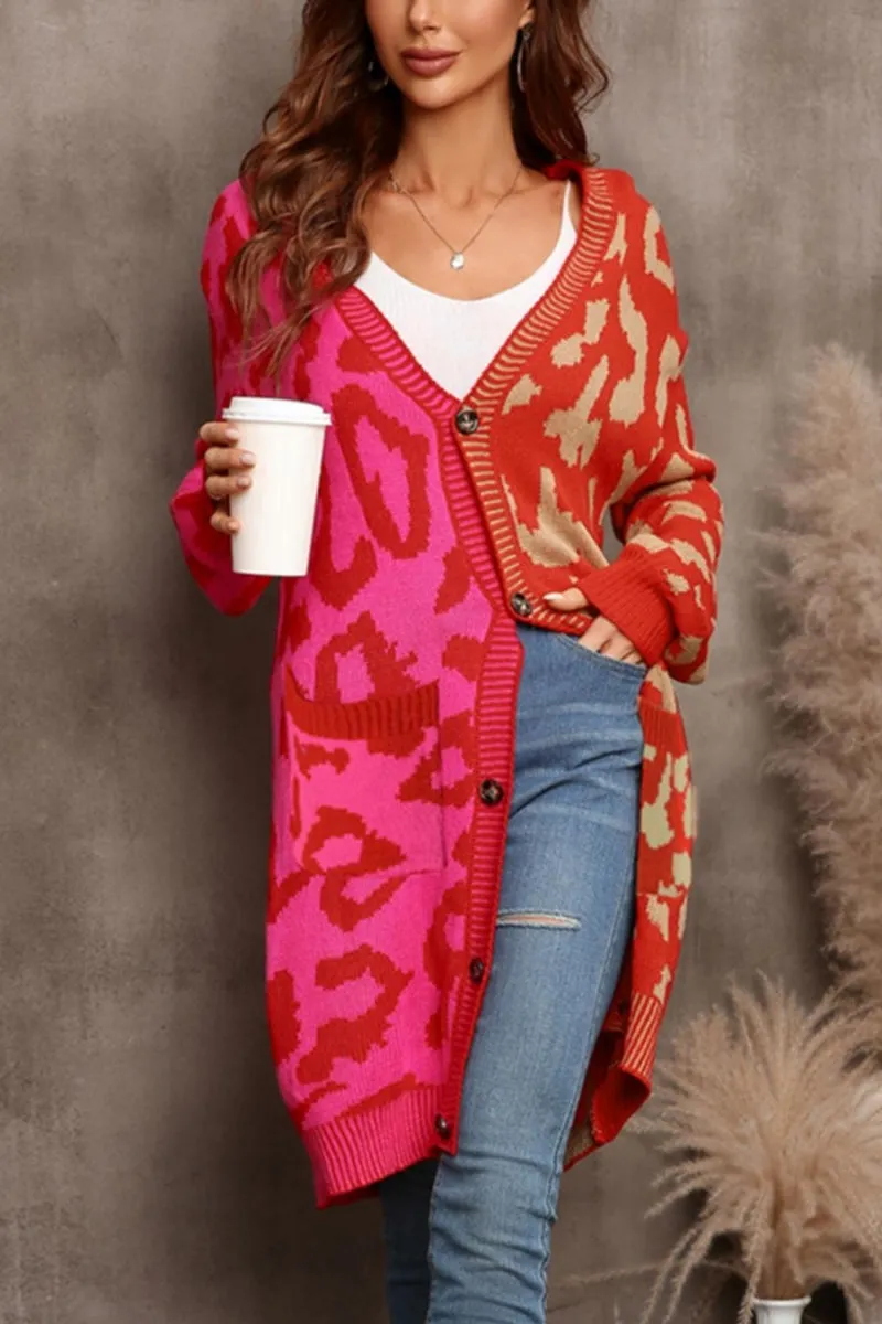 Red/Pink Contrast Leopard Sweater