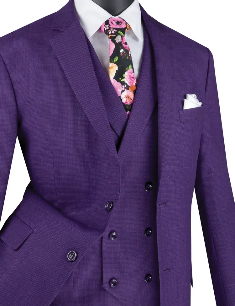 Regular Fit Glen Plaid 2 Button 3 Piece Suit (Purple) V2RW-13