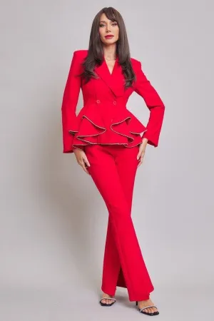 Rhinestone detail Woven double breasted blazer ruffle peplum pants set