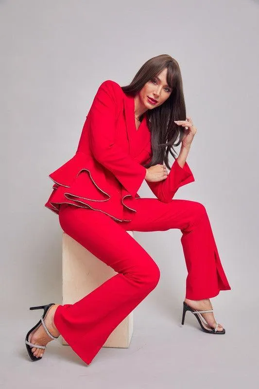 Rhinestone detail Woven double breasted blazer ruffle peplum pants set