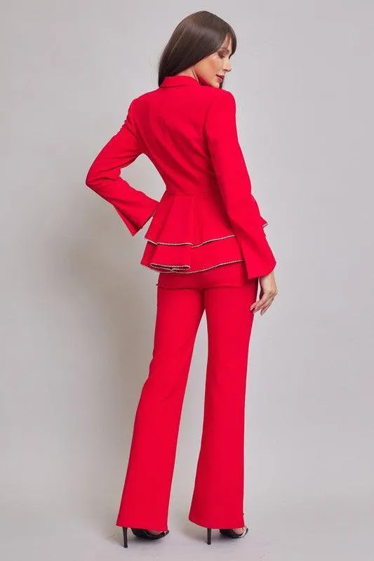 Rhinestone detail Woven double breasted blazer ruffle peplum pants set