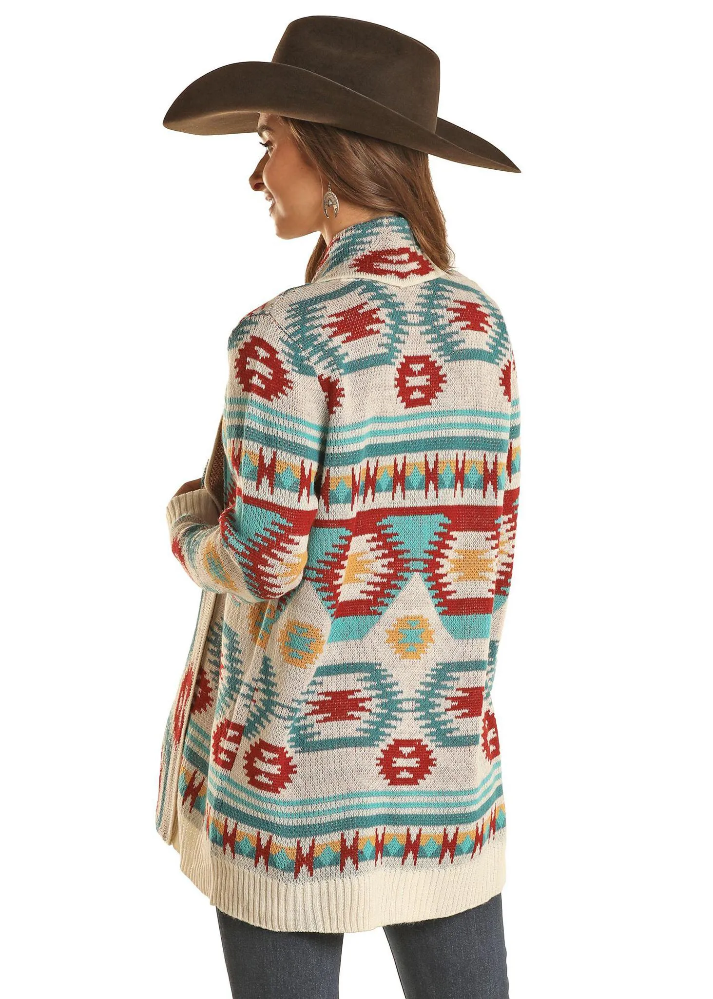 ROCK & ROLL DENIM AZTEC CARDIGAN LIGHT WEIGHT SWEATER