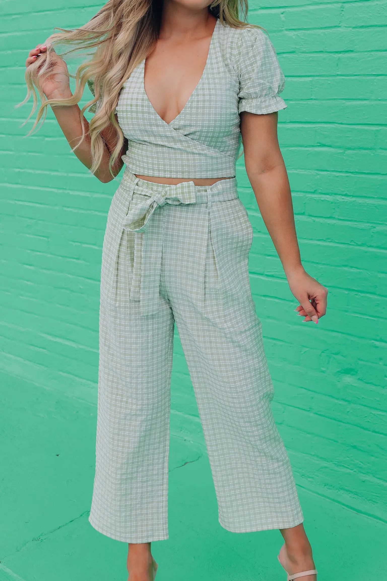 Sage Vichi Check Palazzo Set