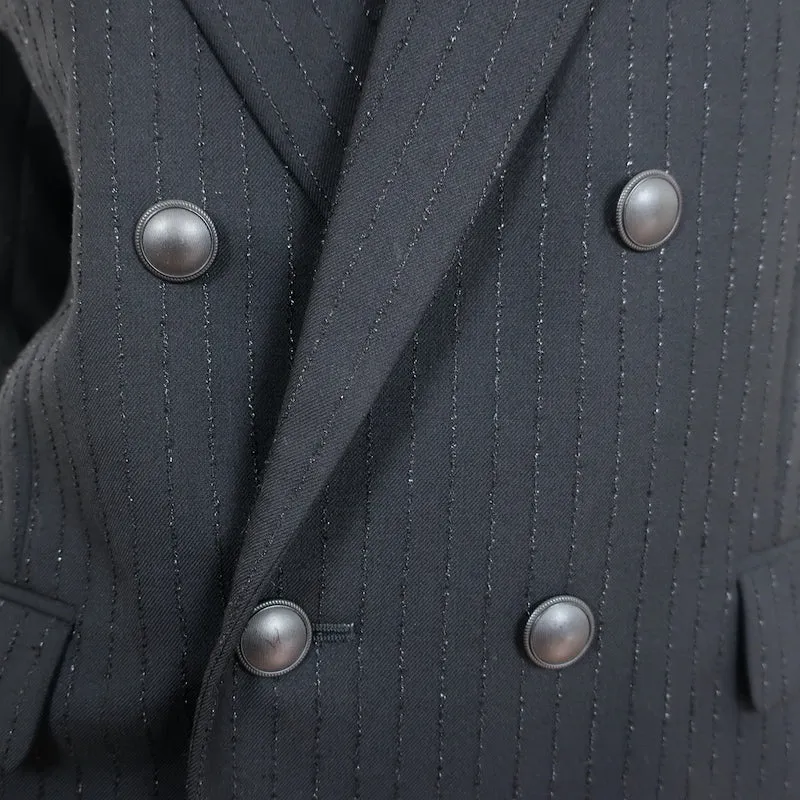 Saint Laurent Double Breasted Blazer Jacket Black Metallic-Striped Wool Size 40