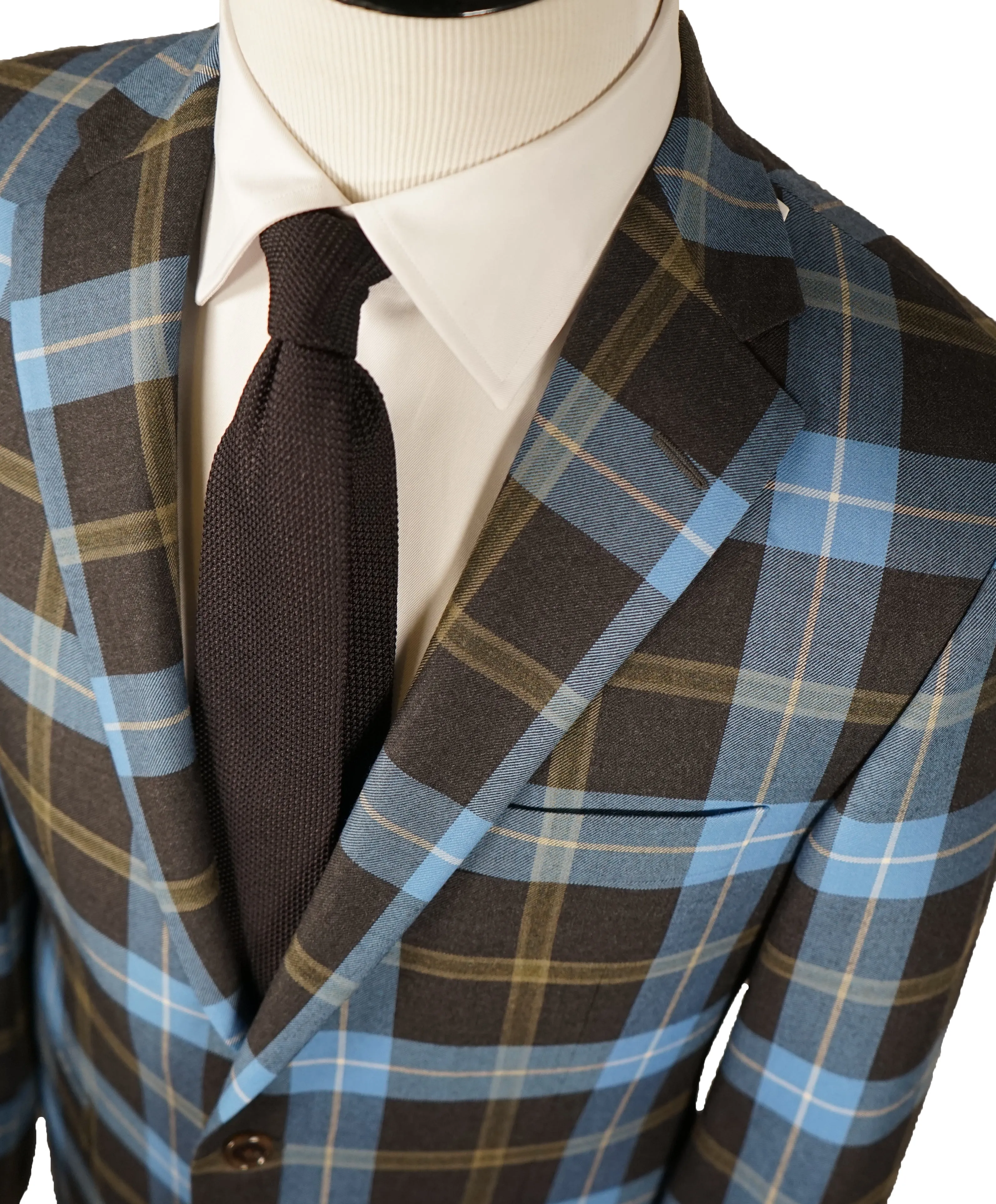 SAKS 5TH AVE BY HICKEY FREEMAN - Blue Gray & Olive Bold Plaid Blazer - 40R