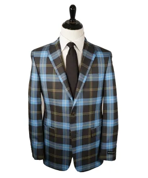 SAKS 5TH AVE BY HICKEY FREEMAN - Blue Gray & Olive Bold Plaid Blazer - 40R
